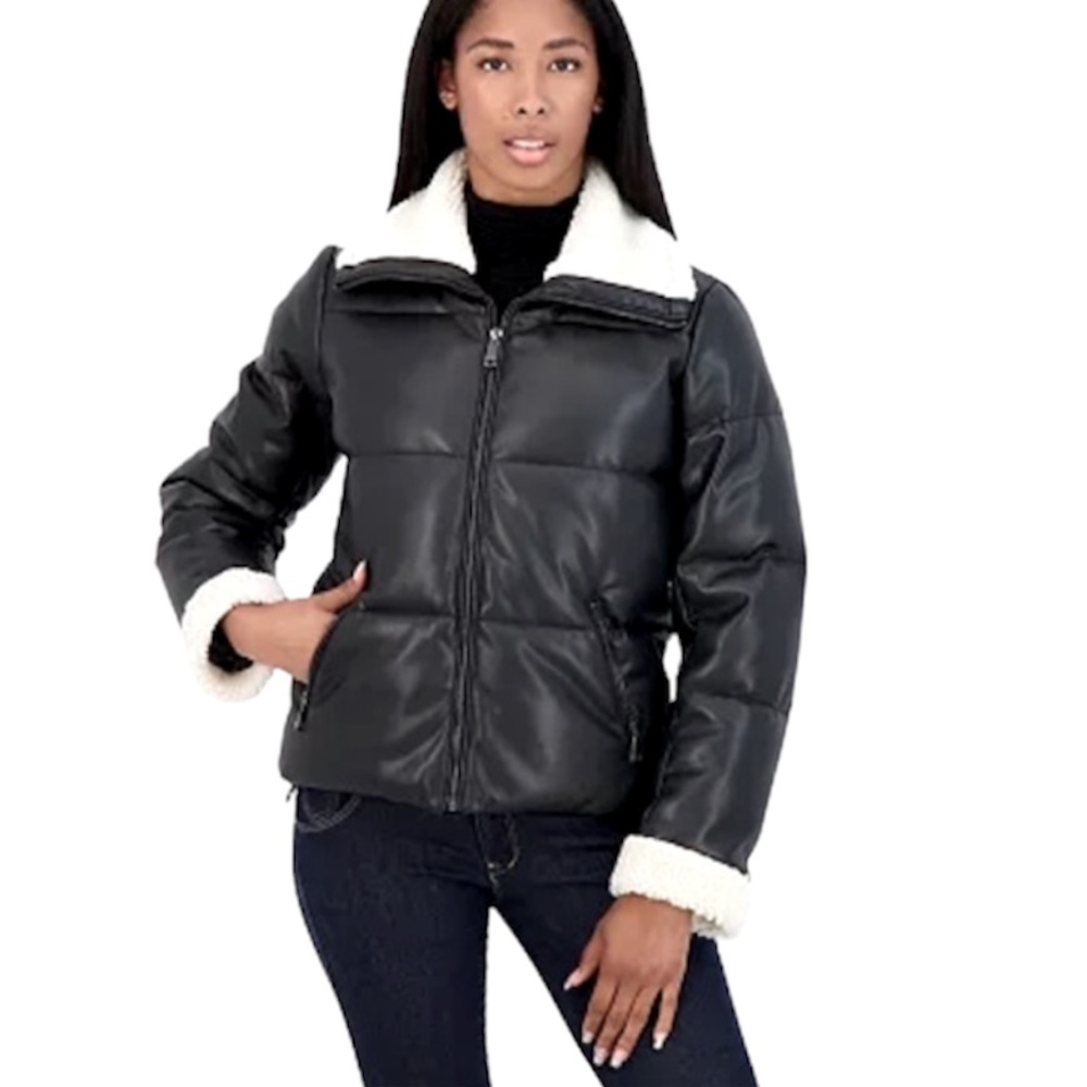Sebby Collection Faux Leather Black High Neck lined puffer Sherpa Jacket, small
